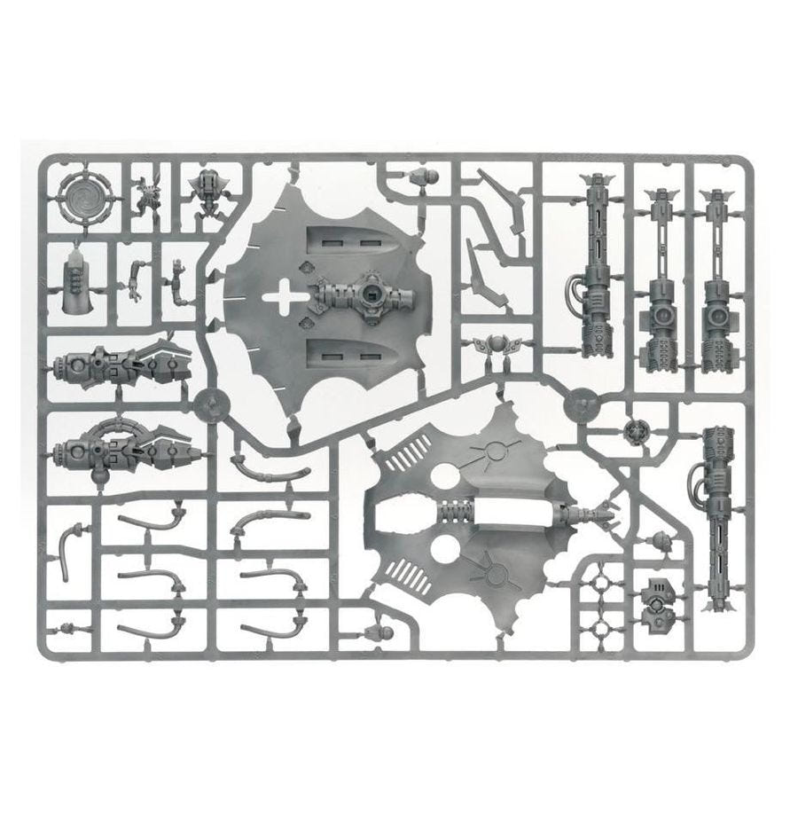 Necrons Doom Scythe unpainted plastic sprue with hull and weapons, frame 1 of 2
