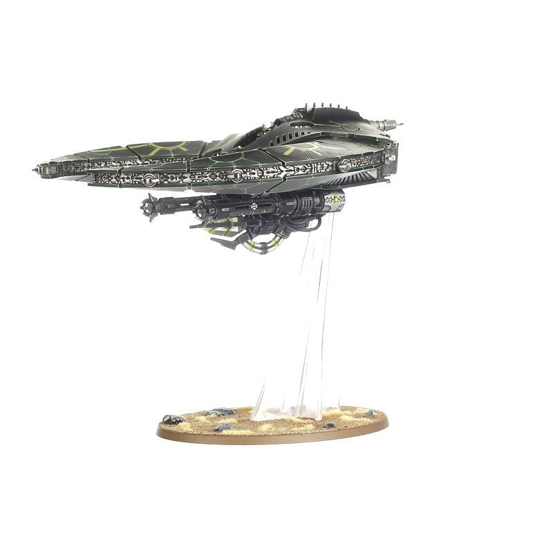 Painted Necrons Doom Scythe in side profile, hovering on its clear flying stem
