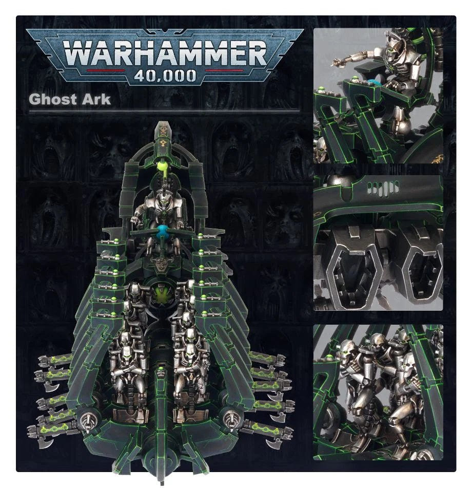 Ghost Ark showcase panel with close-ups of the Necron Lord and passenger Warriors