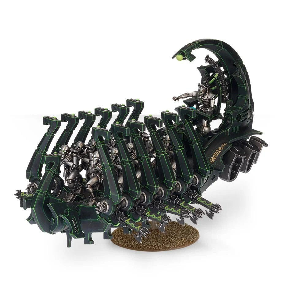 Ghost Ark painted in dark green with Necron Warriors aboard, side view