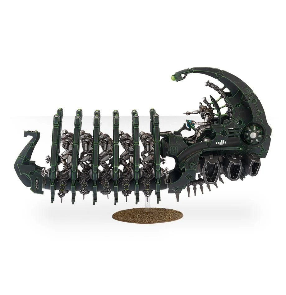Profile of the dark green Ghost Ark showing its full length on a flying base
