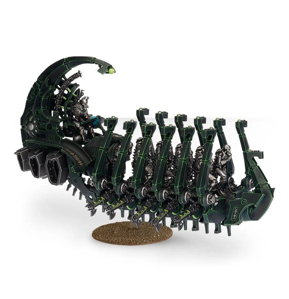 Dark green Necrons Ghost Ark from the rear quarter, showing the ribcage hull