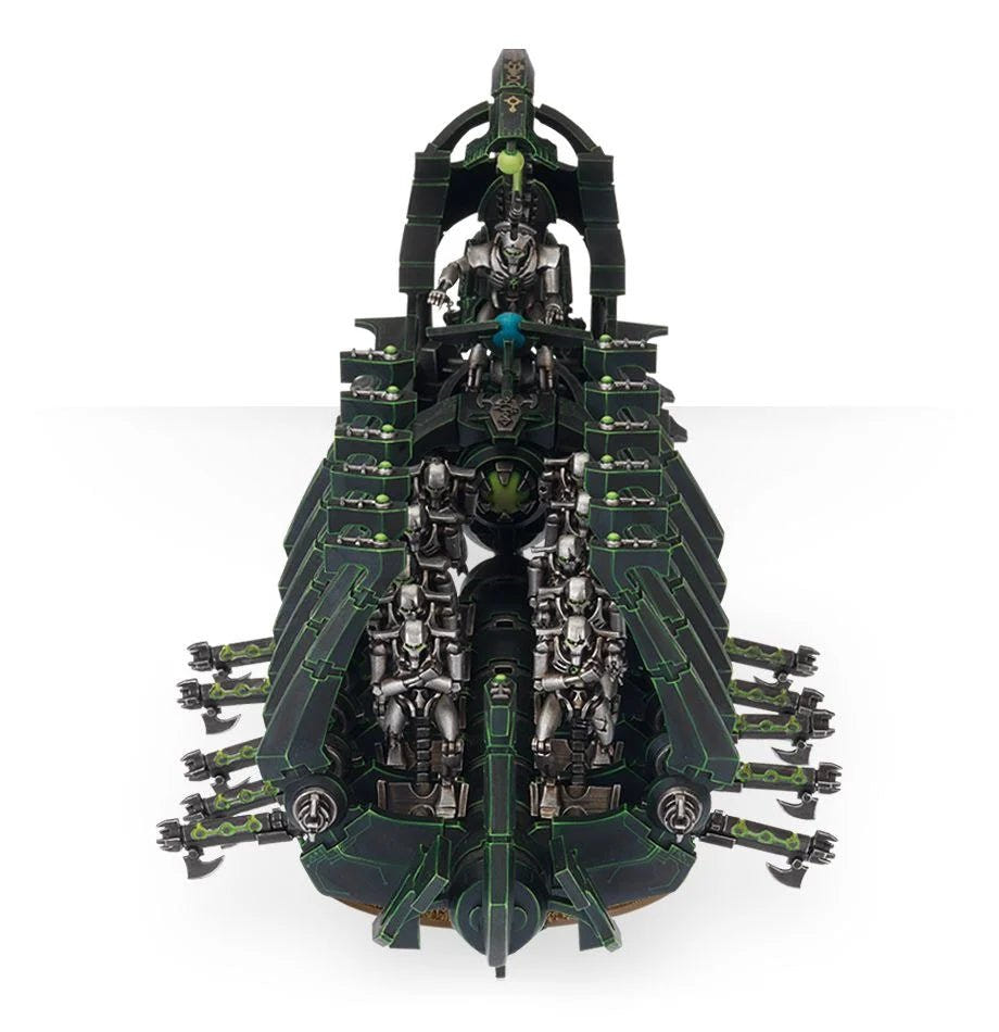 Necrons Ghost Ark head-on view with Warriors seated inside and gauss flayers along the sides