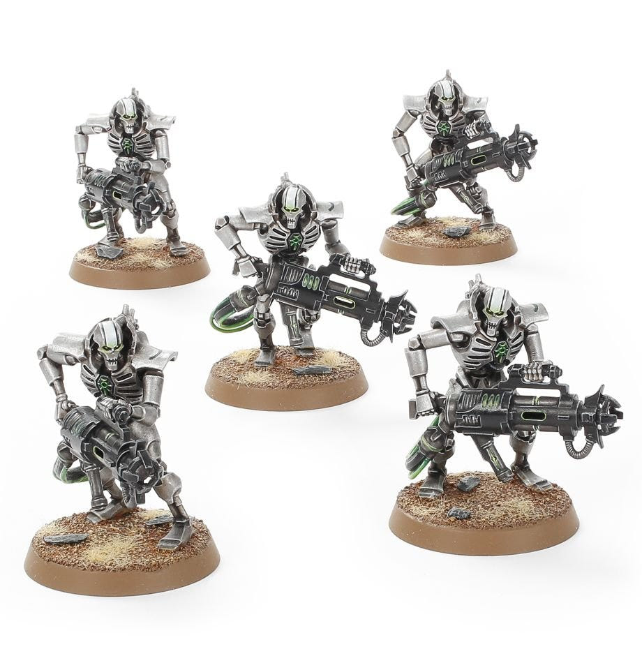 Five painted Necron Immortals from a higher angle with alternative weapons, Games Workshop