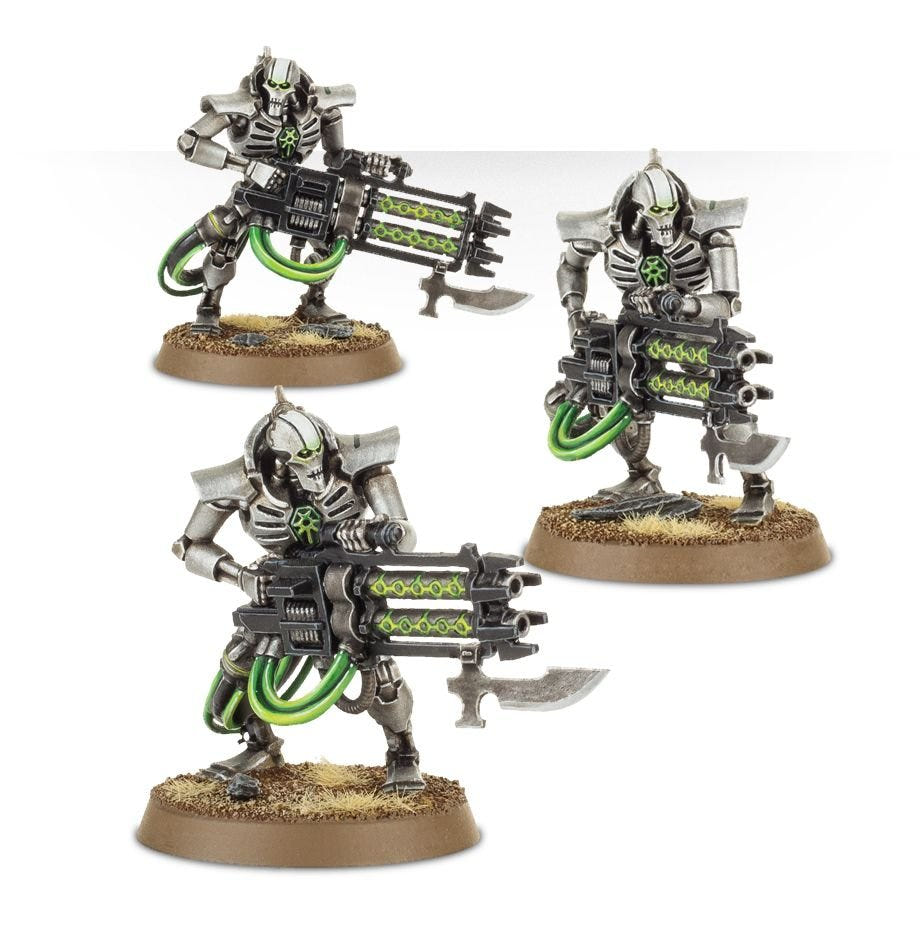 Three painted Necron Immortals with green-glowing guns, Games Workshop