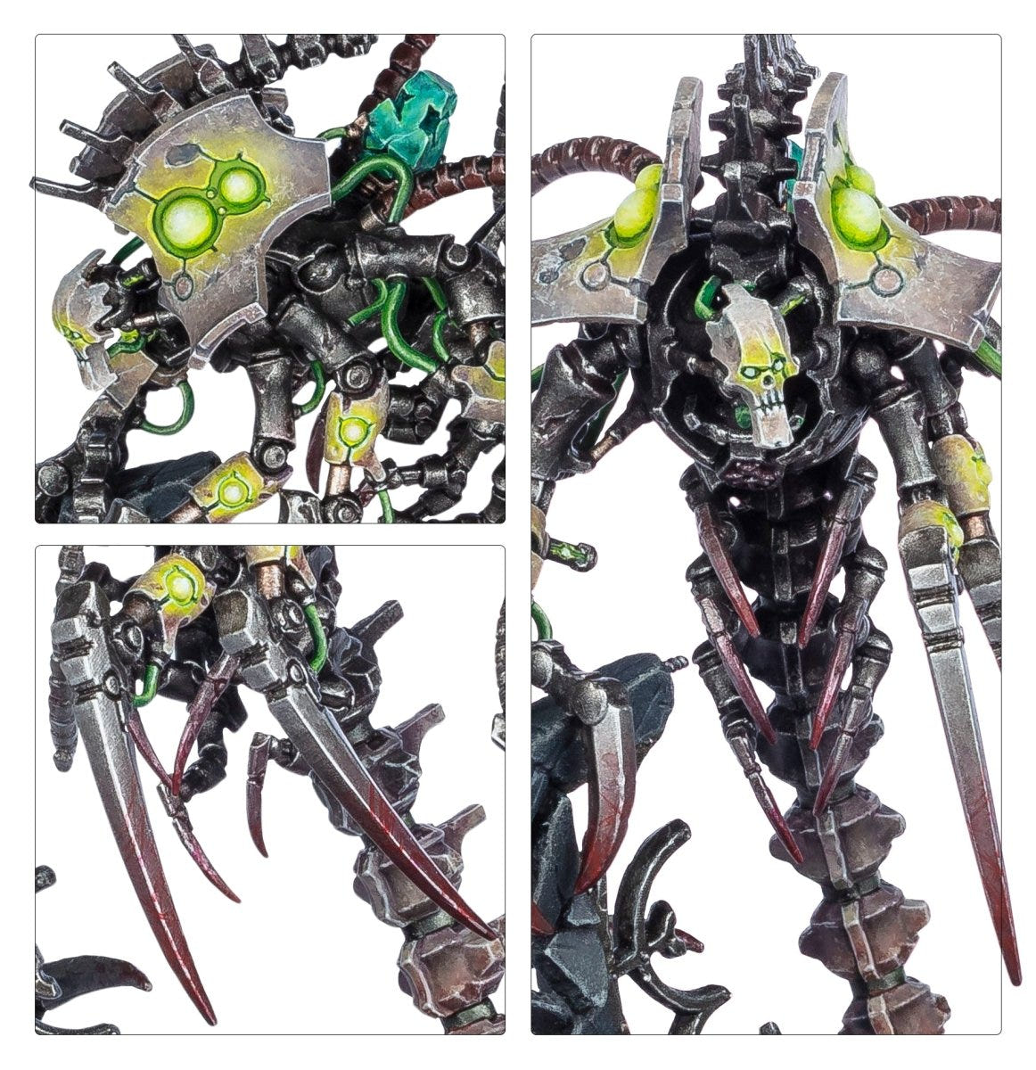 Detail views of the Nekrosor Ammentar's green eye lenses, skull and scything blades