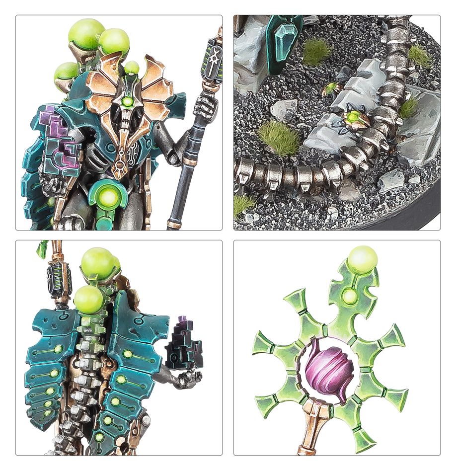 Close-ups of painted Orikan the Diviner: torso, spine tail on scenic base, back and staff head