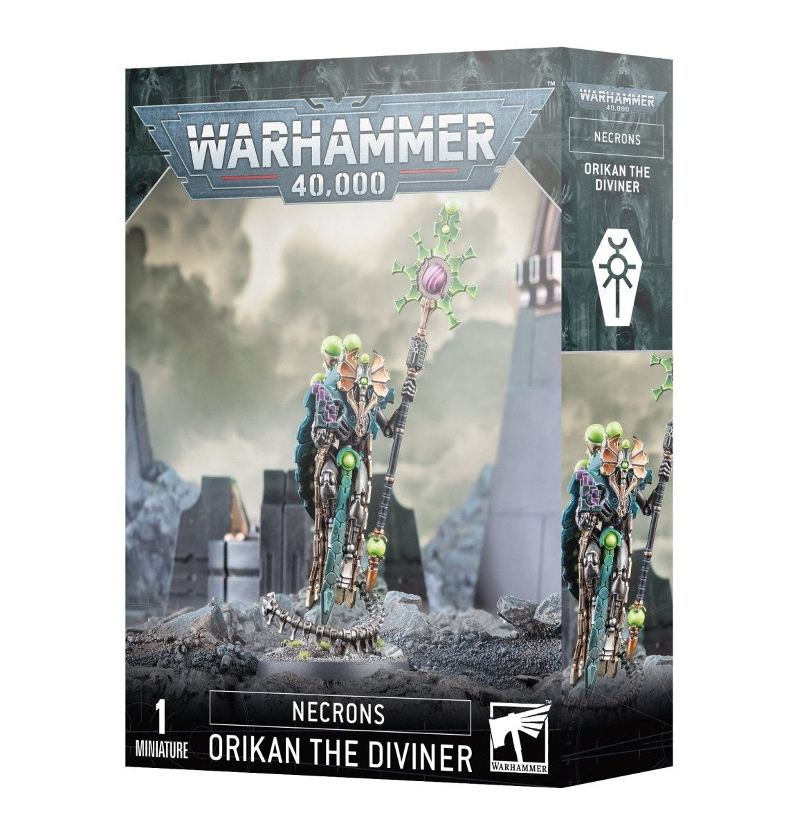 Games Workshop Necrons Orikan the Diviner box showing the painted Cryptek on his spine with staff