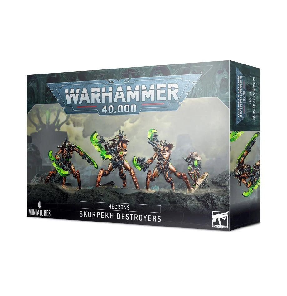 Games Workshop Necrons Skorpekh Destroyers box front showing the painted models