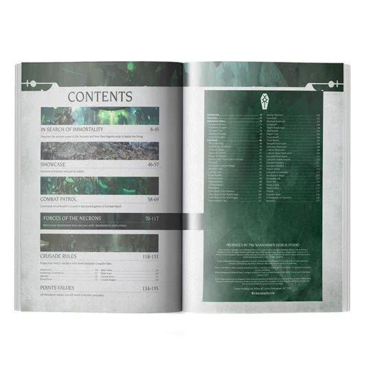 Codex: Necrons open to the contents page listing lore, showcase and crusade rules