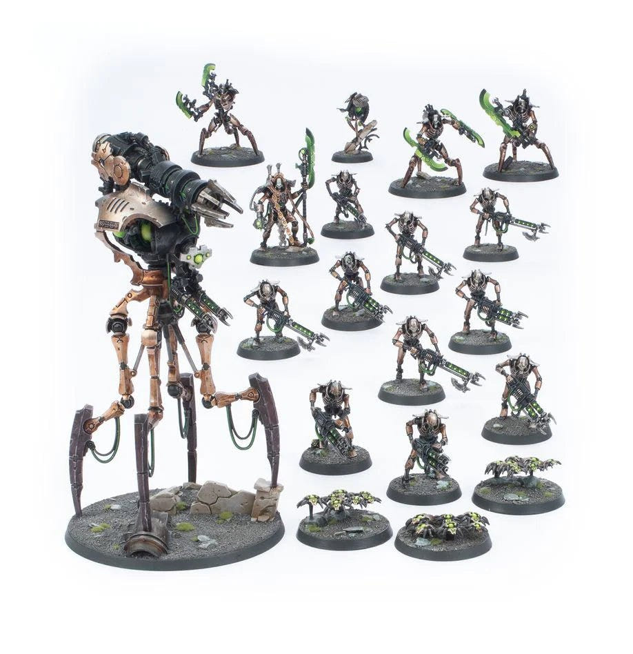 Necrons Combat Patrol full contents painted in bronze: warriors, scarabs, lords and a walker