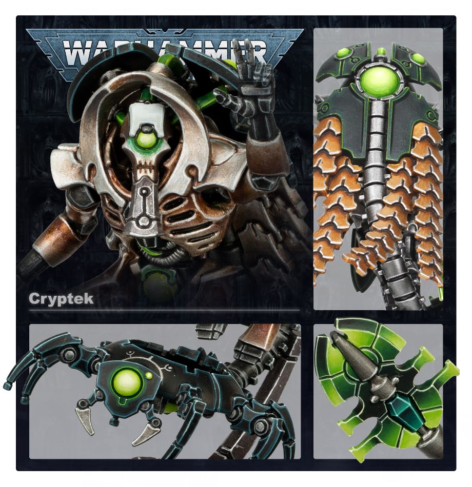 Close-ups of Necron Cryptek's head, cloak, Canoptek legs and staff