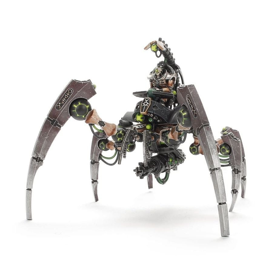 Side view of the silver-painted Necrons Triarch Stalker walker on its long slicing legs
