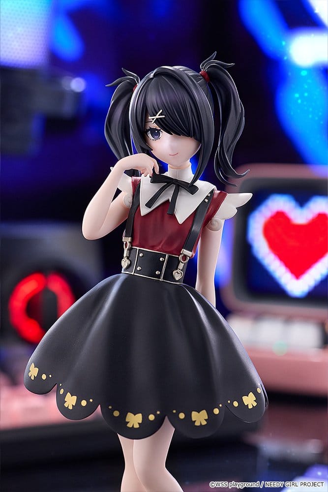 Close-up of Ame-chan figure's black twin-tails, hair clip and red and black dress