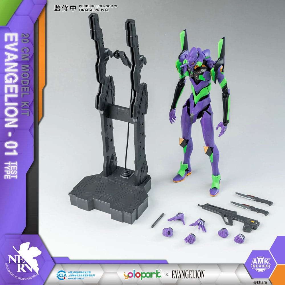 Yolopark Eva-01 model kit shown with display gantry, rifles and spare hands
