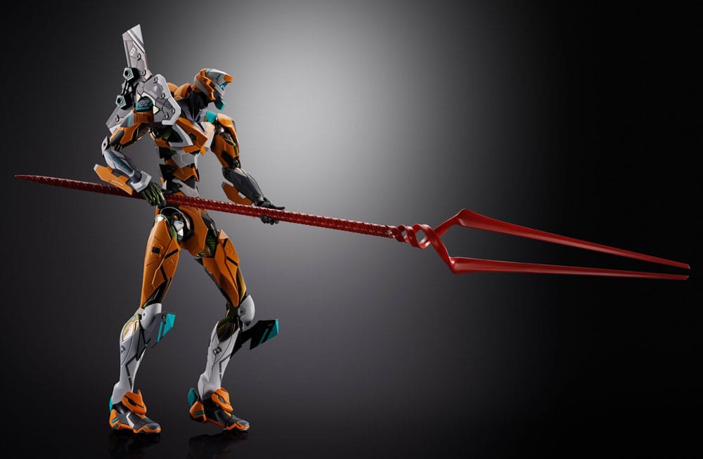 Orange and grey Metal Build Eva figure wielding a red spear from the Evangelion 3 Spears Set