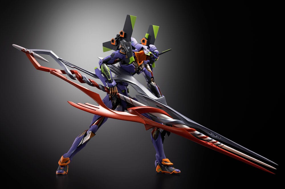 Purple Metal Build Eva figure holding the large red and silver spear from the Evangelion set