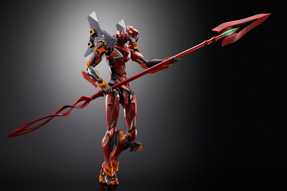 Red Metal Build Eva figure posed with a long red spear from the Evangelion 3 Spears Set
