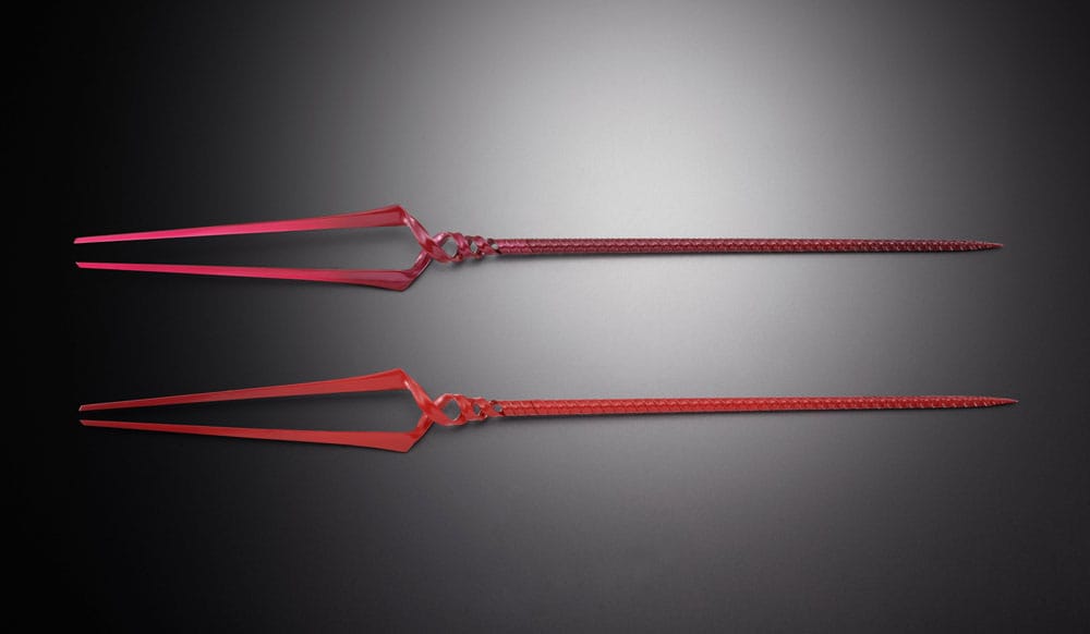 Wider crop of the two slim red twin-pronged spears from the Evangelion Metal Build 3 Spears Set