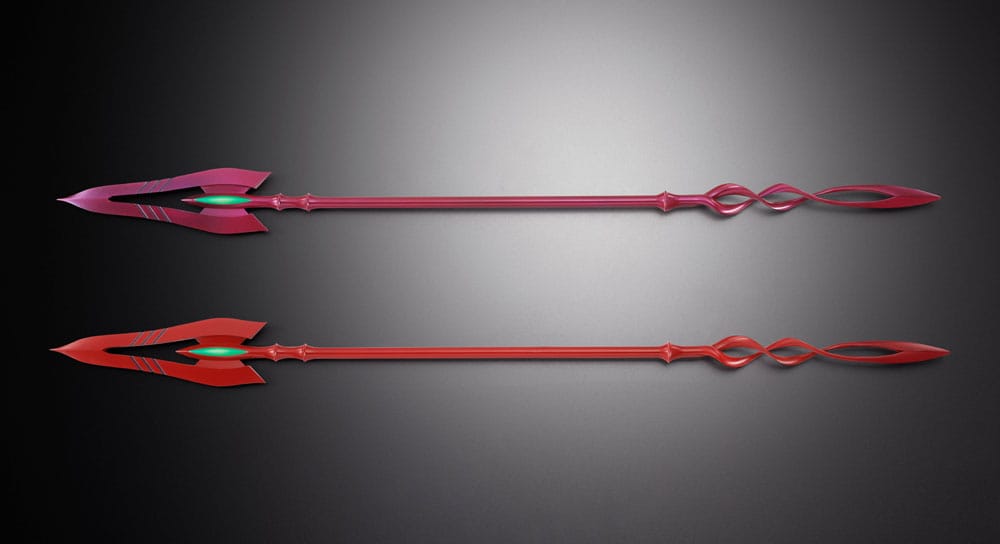 Two slim twin-pronged red spears from the Evangelion Metal Build set in contrasting colours