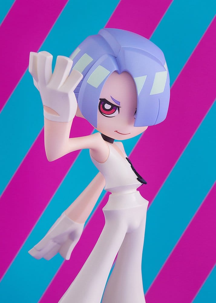 Close-up of Polyester figure with lilac hair and raised gloved hand against pink and blue stripes