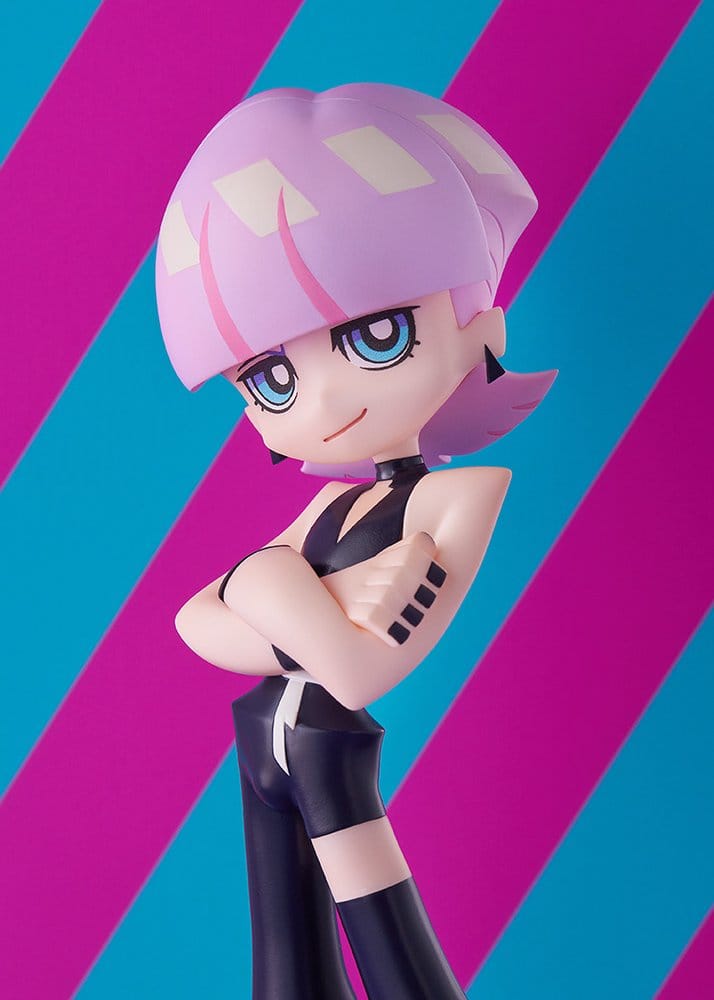 Close-up of Polyurethane figure's pink bob and smirk against pink and blue diagonal stripes
