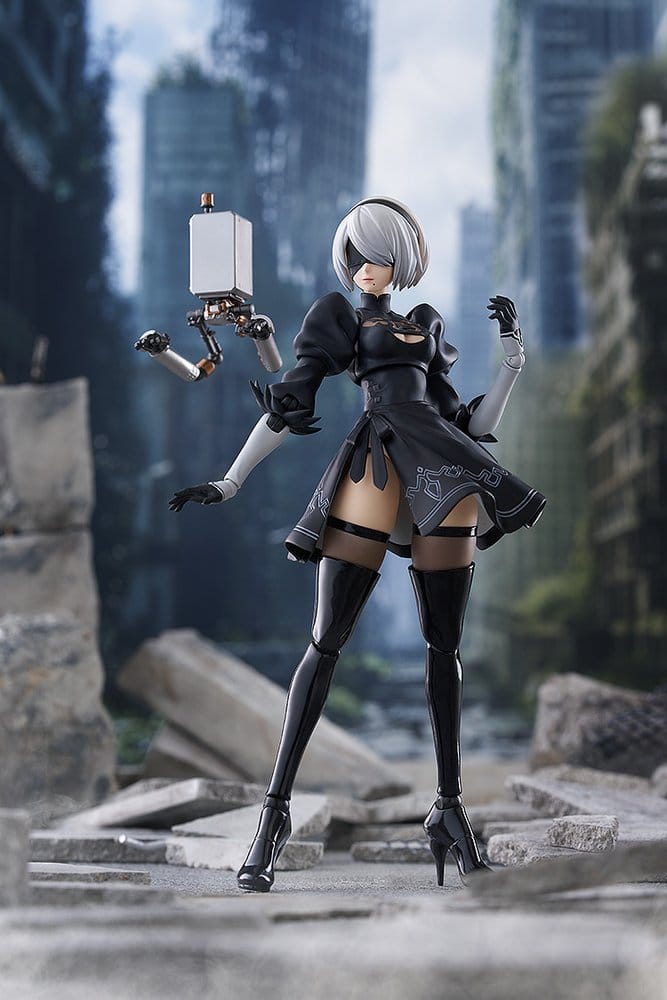 Max Factory figma 2B figure with Pod in a ruined city diorama scene