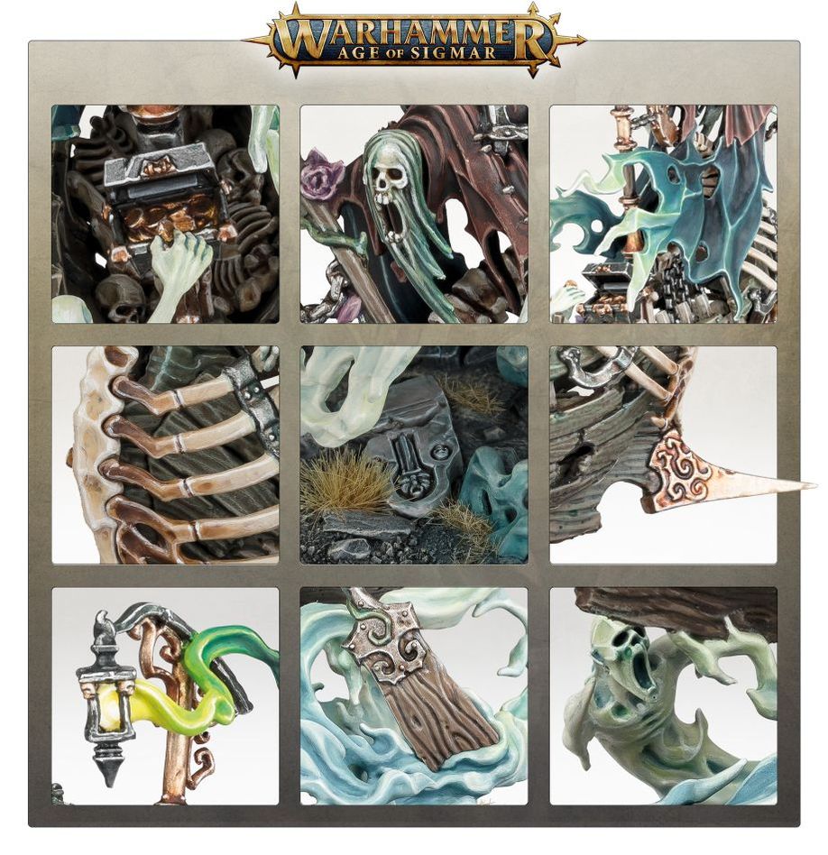 Close-ups of Awlrach the Drowner: skull face, ribbed skiff hull, lantern and ghostly spirits