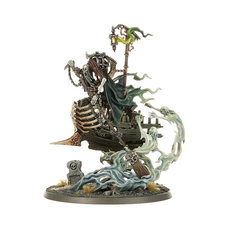 Painted Awlrach the Drowner on his skiff riding a ghostly wave, alternate angle