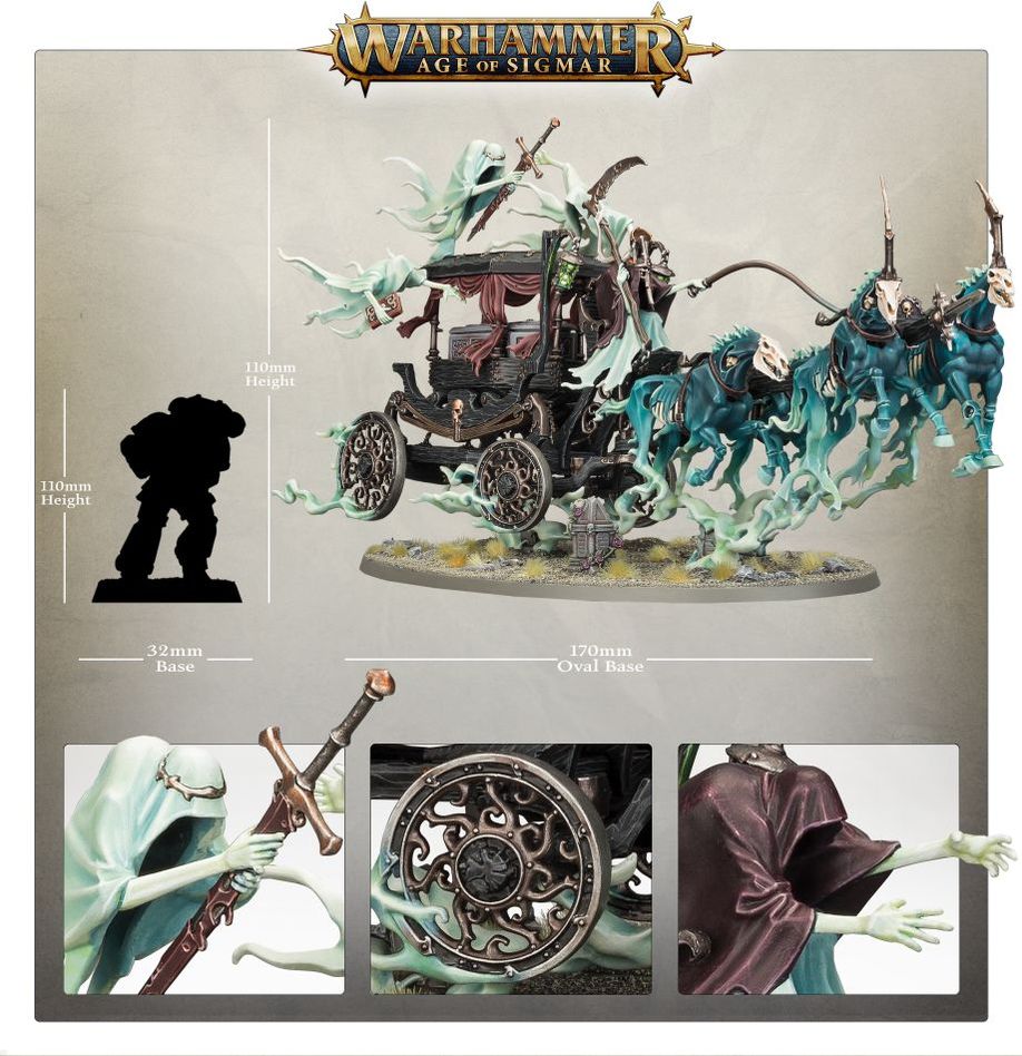 Nighthaunt Black Coach size comparison with close-ups of the rider and wheel