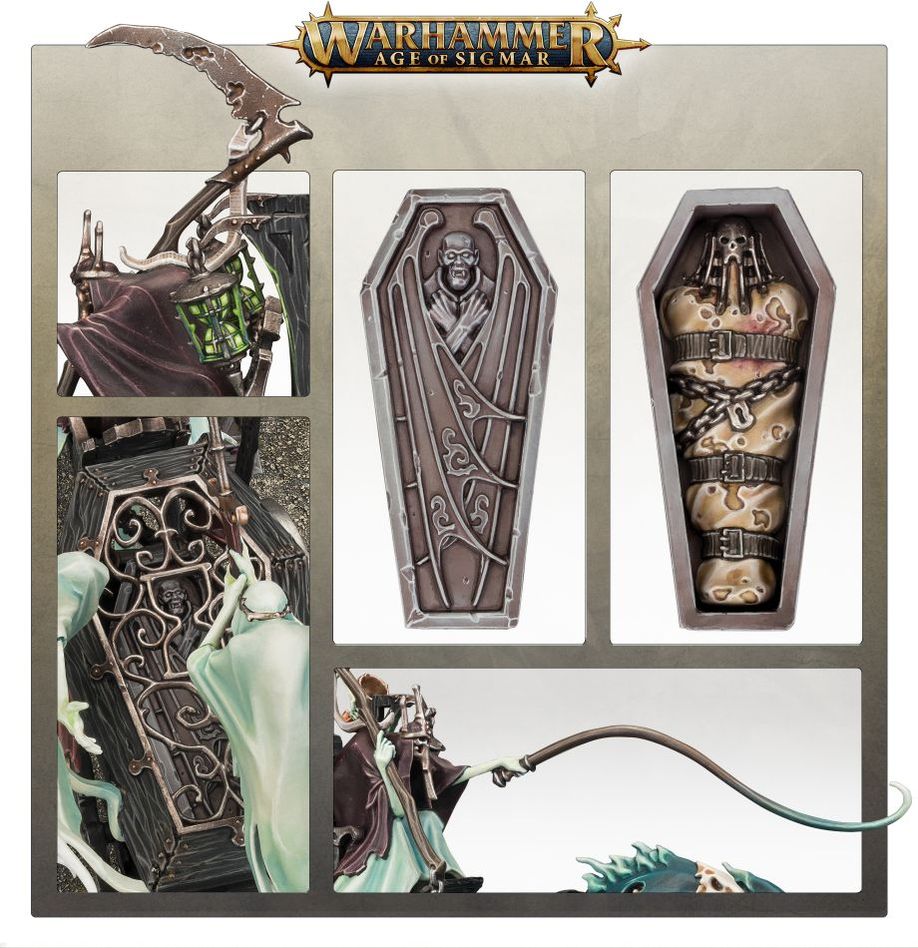 Close-ups of the painted Black Coach casket, bound vampire and Cairn Wraith