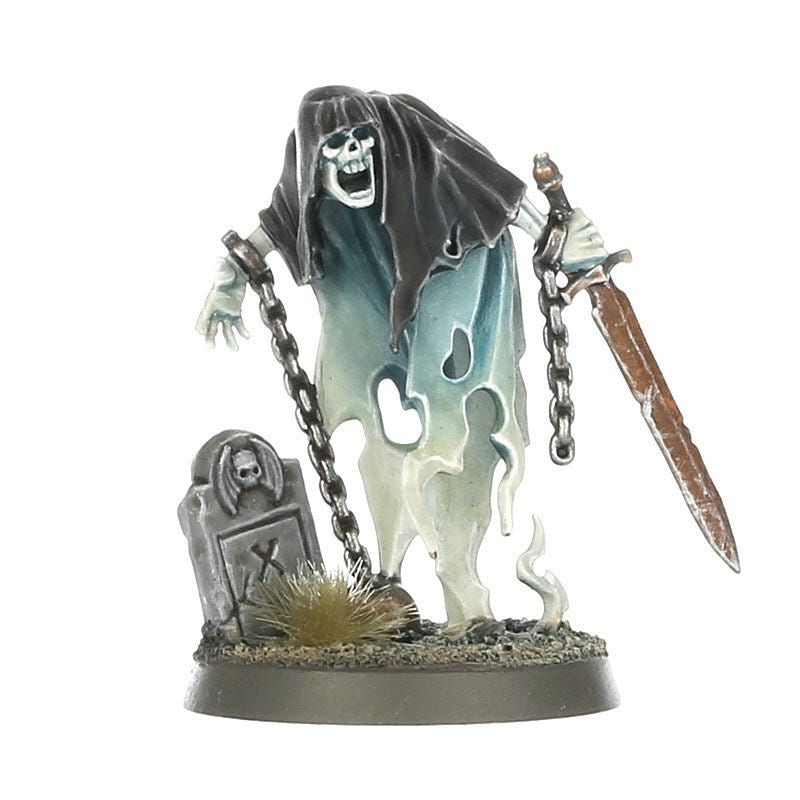 Painted Nighthaunt Chainrasp with skull face and rusty sword drifting past a gravestone