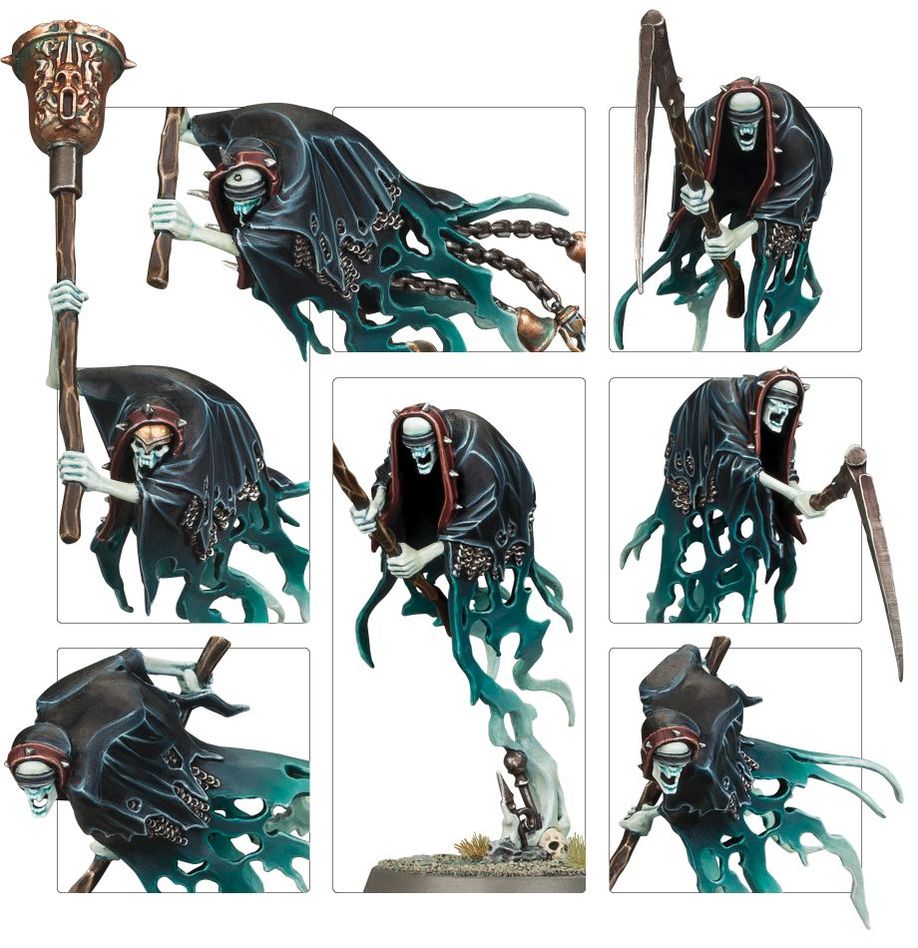 Grimghast Reapers showcase with close-ups of shrouded faces, scythe blades and the death knell staff