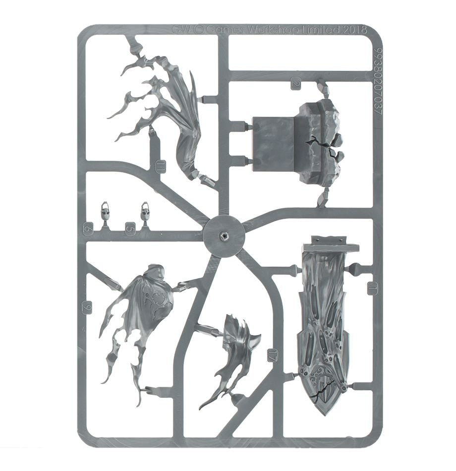 Nighthaunt Kurdoss Valentian unpainted plastic sprue with throne back and heralds, frame 3 of 3