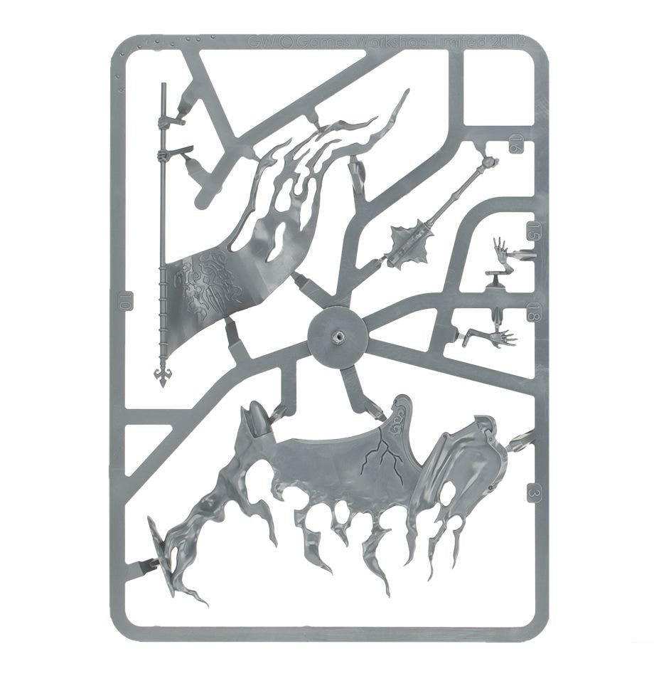 Nighthaunt Kurdoss Valentian unpainted plastic sprue with banner and throne parts, frame 1 of 3