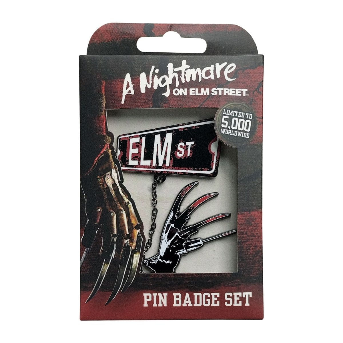 Fanattik Nightmare on Elm Street pin badge set in its display box, limited to 5,000