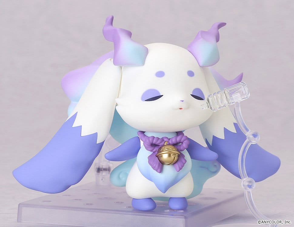 Lunlun Nendoroid Doll with eyes closed, floating on a clear display arm