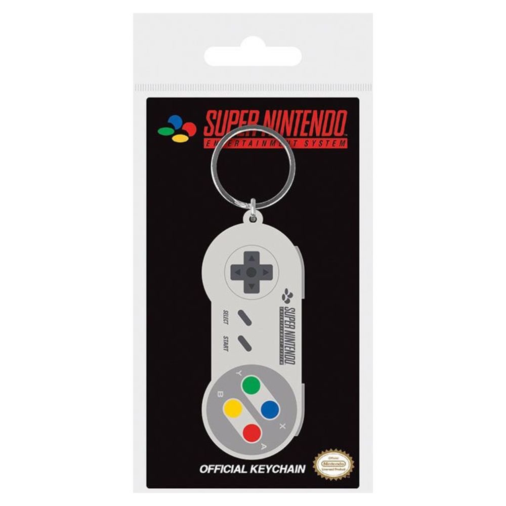 Nintendo SNES controller rubber keychain with coloured buttons in official Super Nintendo packaging
