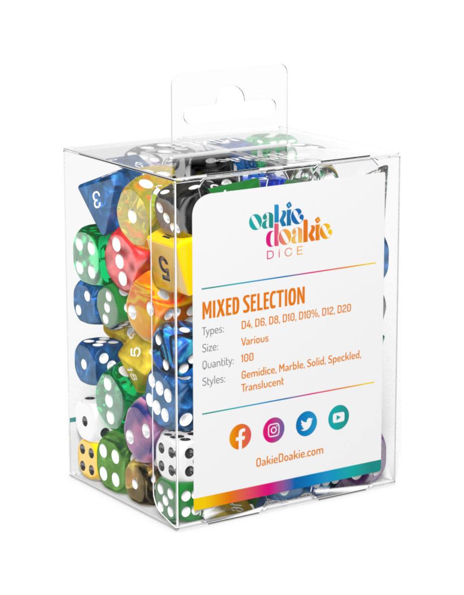 Side of the Oakie Doakie Dice mixed selection box showing the label with dice types and quantity 100