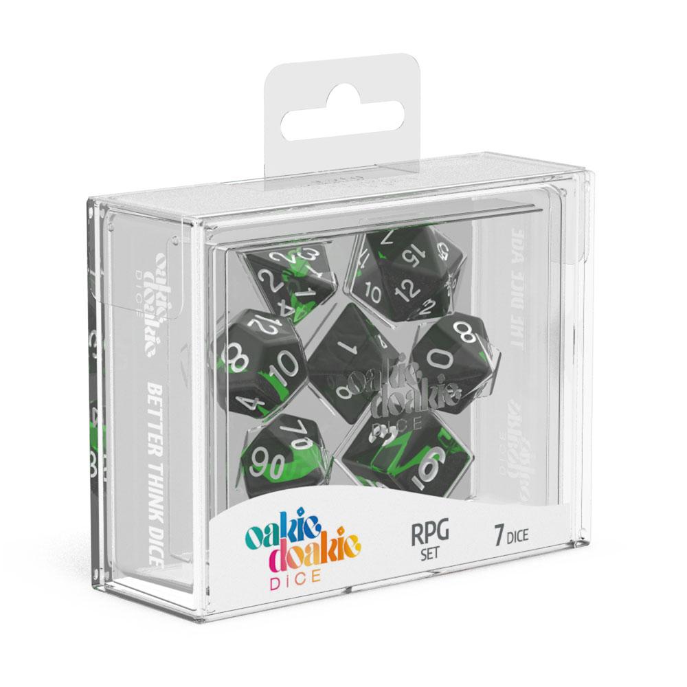 Oakie Doakie Dice Enclave Emerald RPG set of 7 dice in its clear hanging box, front