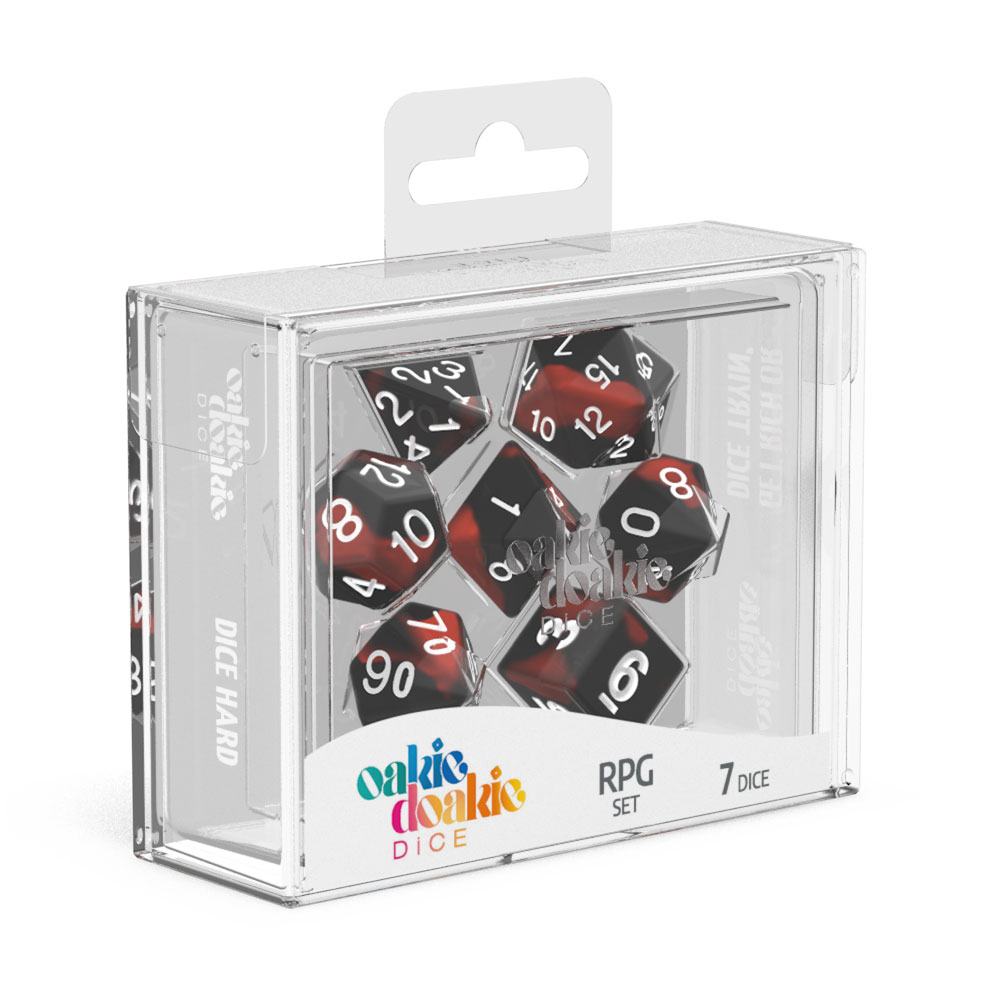 Oakie Doakie Dice Lava glow-in-the-dark RPG set of seven in its clear box, front view