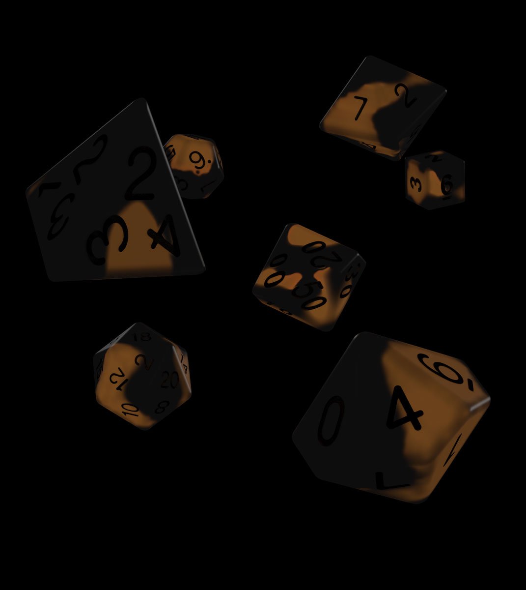 Oakie Doakie Dice Lava dice scattered in the dark, showing the orange glow effect