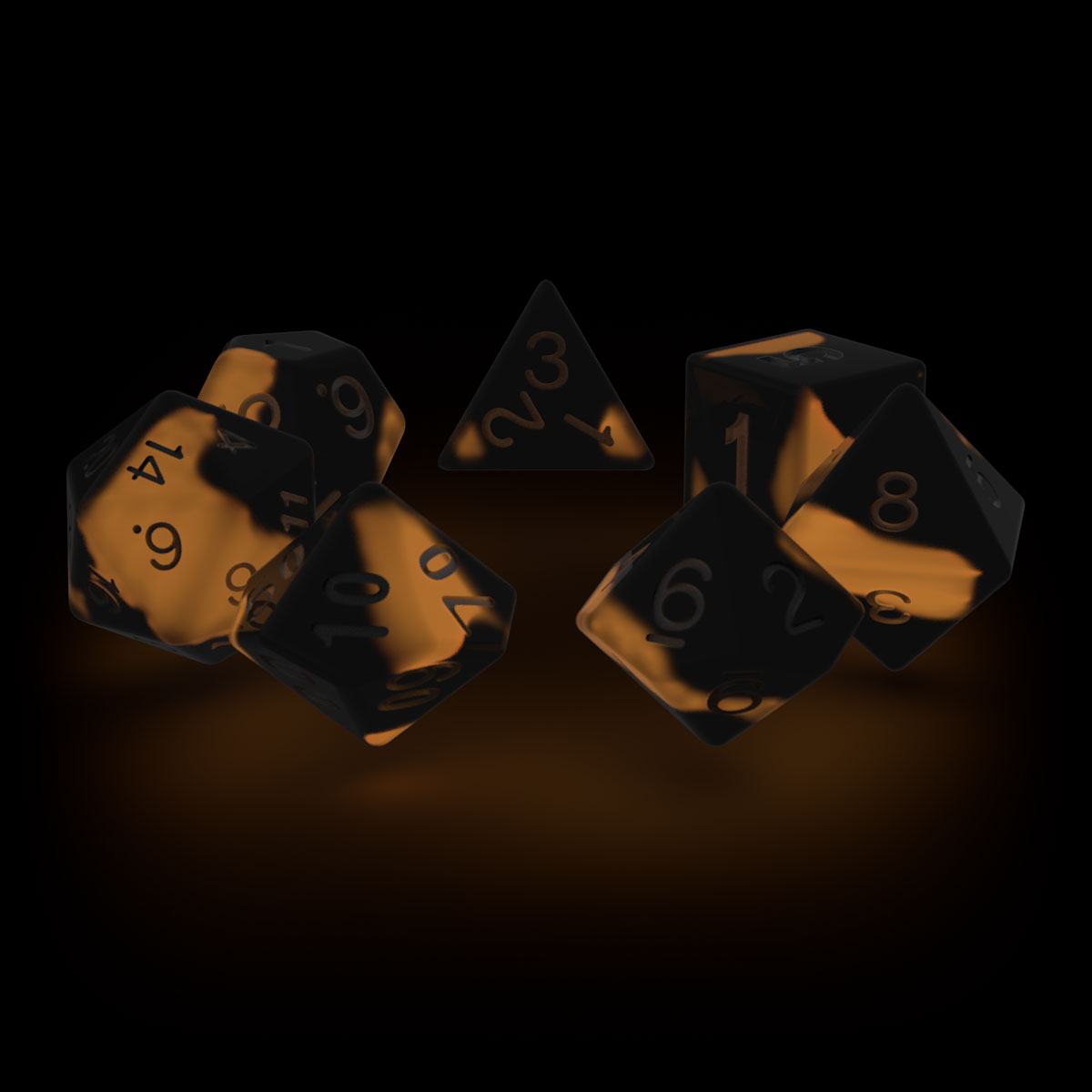 Oakie Doakie Dice Lava RPG set glowing orange in the dark, grouped together