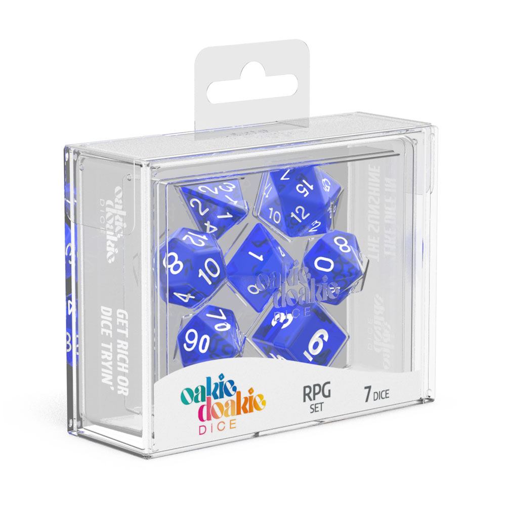 Oakie Doakie Dice translucent blue 7-dice RPG set in its clear display box, front view