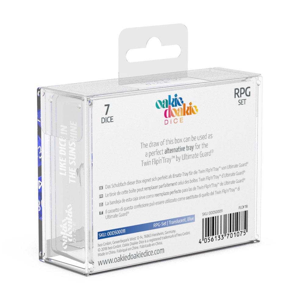 Oakie Doakie Dice translucent blue RPG set box, rear view with product information and barcode