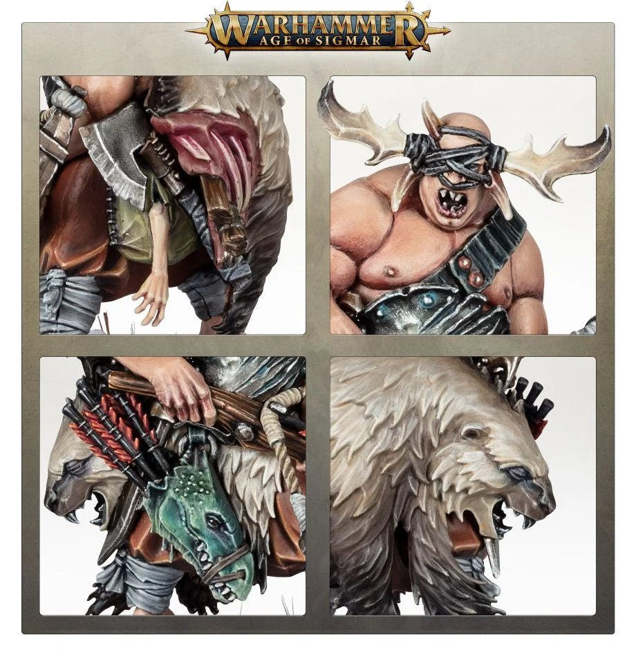 Close-ups of the painted Bloodpelt Hunter's antler mask, crossbow and bear pelt, Games Workshop