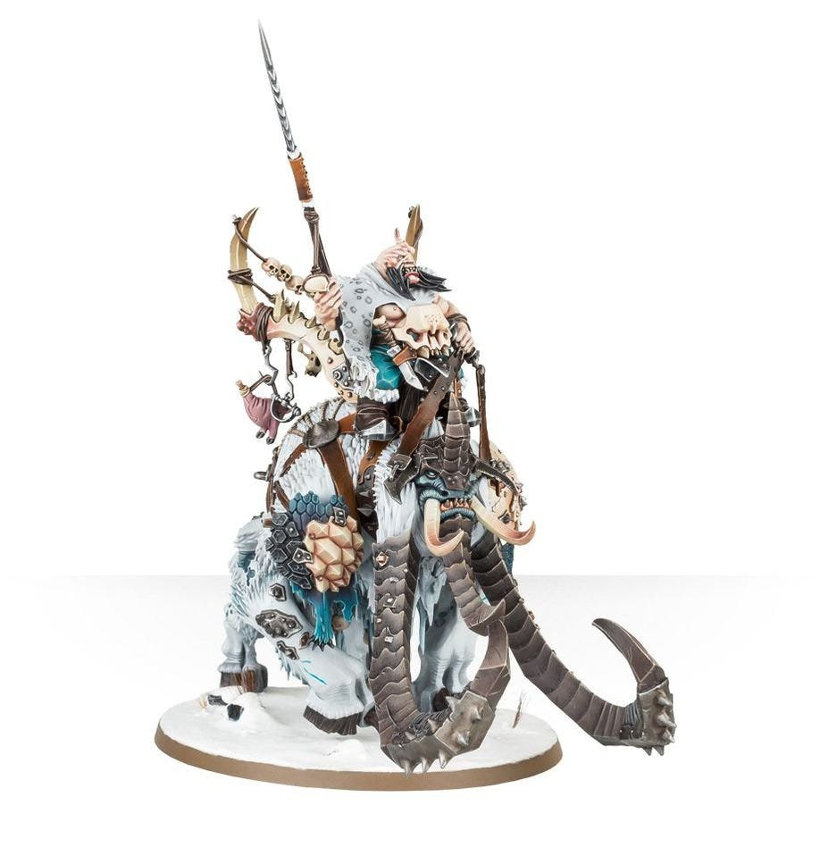 Painted Ogor Frostlord with spear on a tusked Thundertusk, alternative build, front view