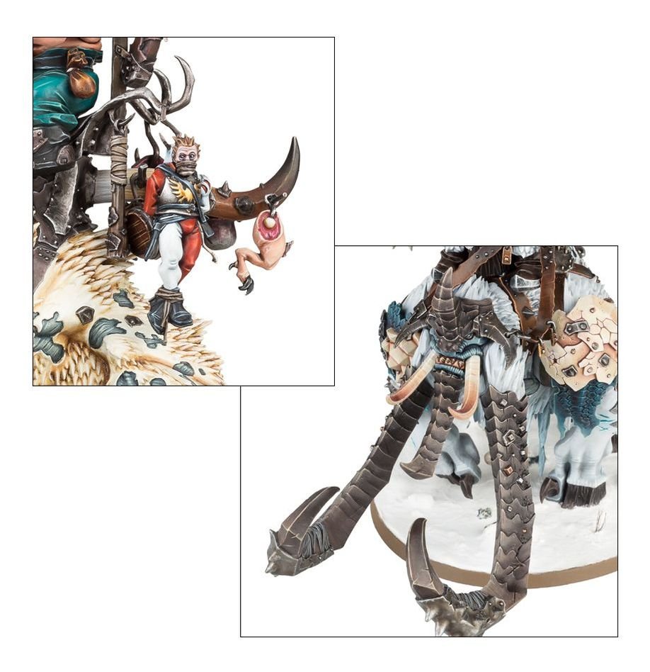 Close-ups of a painted Ogor Mawtribes gnoblar rider and the beast's curling tusks