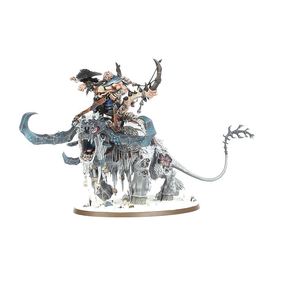 Painted Ogor rider with bow on a horned Stonehorn beast, side view on oval snowy base