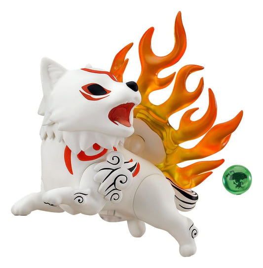 Okami Nendoroid Amaterasu leaping with the flaming Reflector Divine Retribution and Issun
